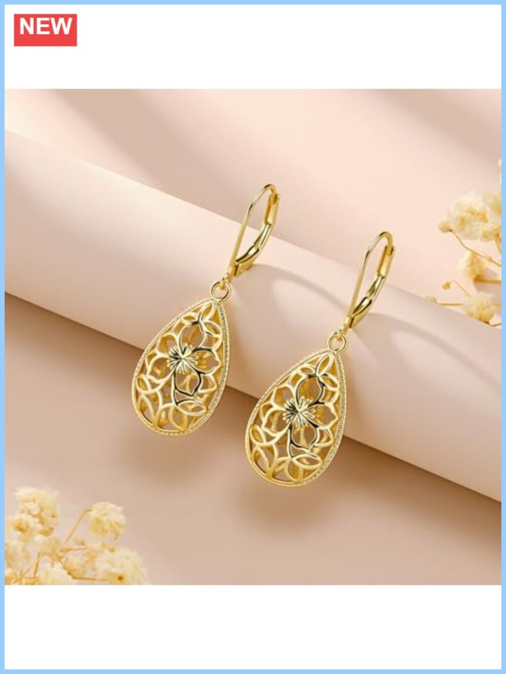 Filigree Leverback Teardrop Dangle Earrings 14K Gold Plated Women Jewelry - Picture 3 of 6
